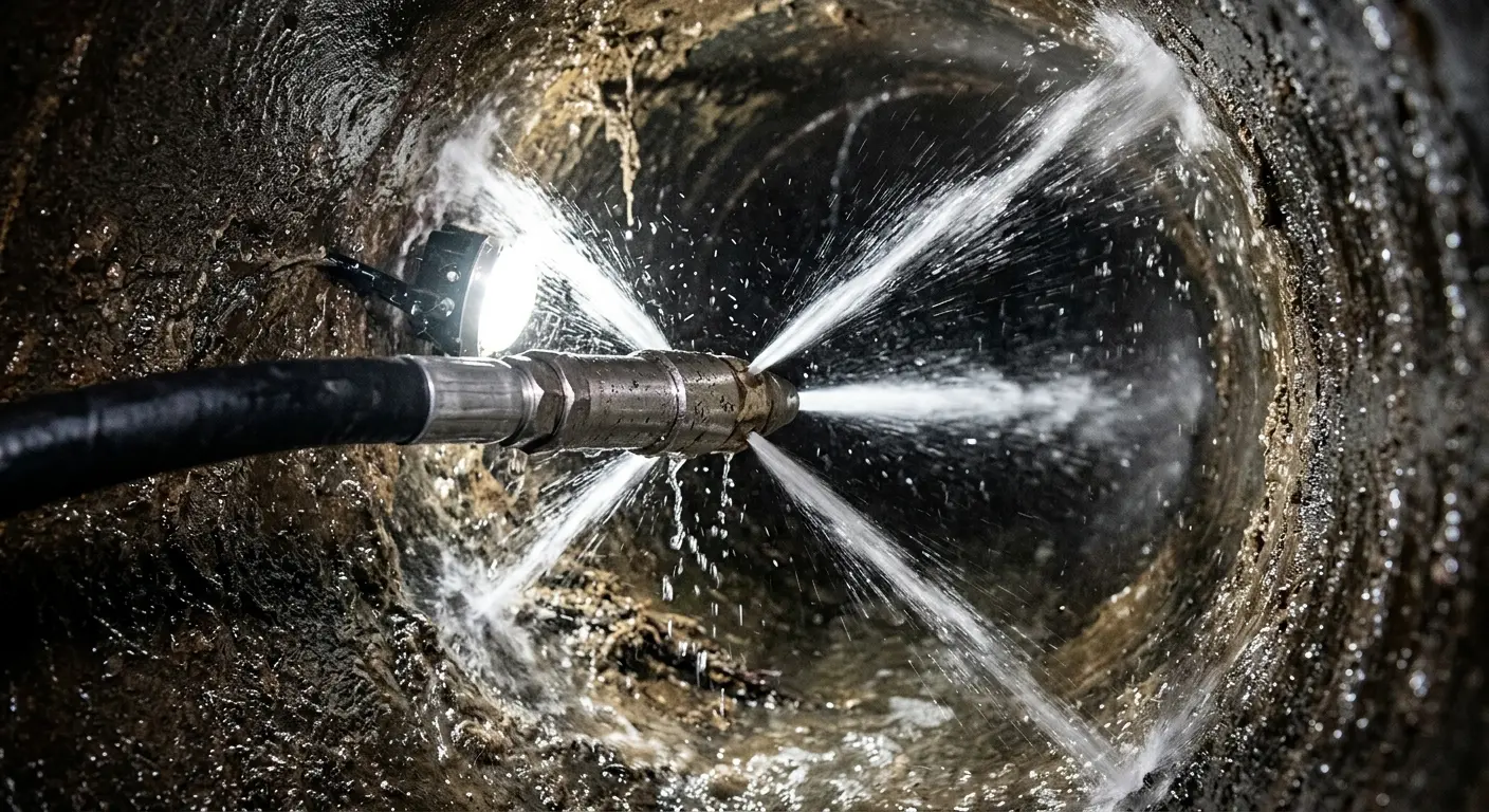 High-pressure hydro jetting nozzle cleaning sewer pipe for Sewer Cleanout in East Aurora