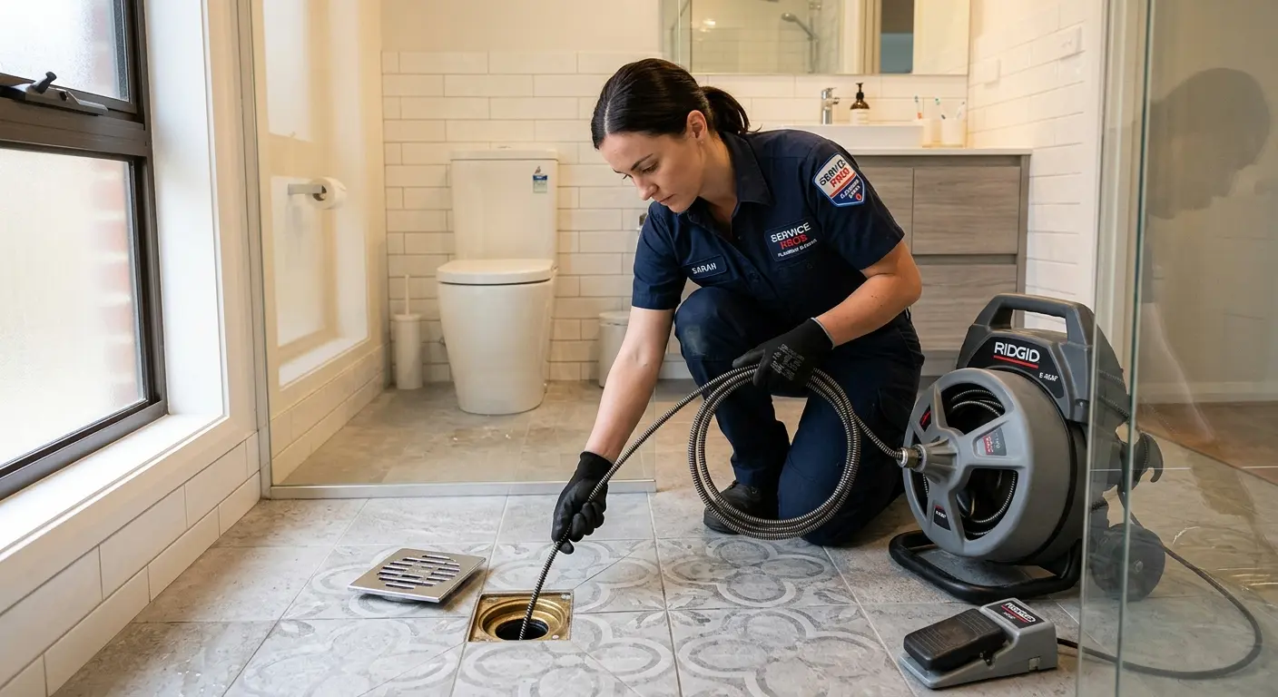 Technician clearing a bathroom floor drain for Sewer Line Installation in East Aurora